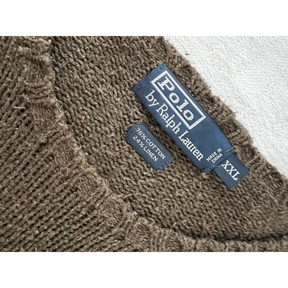 Polo Ralph Lauren Sweater Men's XXL Brown Knit Cotton Linen Blend Long Sleeve
